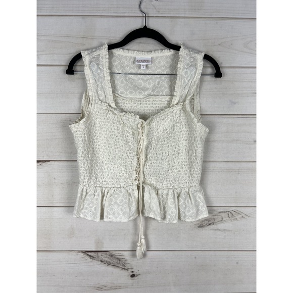 Shyanne Tops - Shyanne Tank Top Womens Small White Embroidered Smocked Lace Up Ruffle Hem Boho